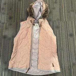 Prana Light Pink Quilted Vest with Faux Fur Hood